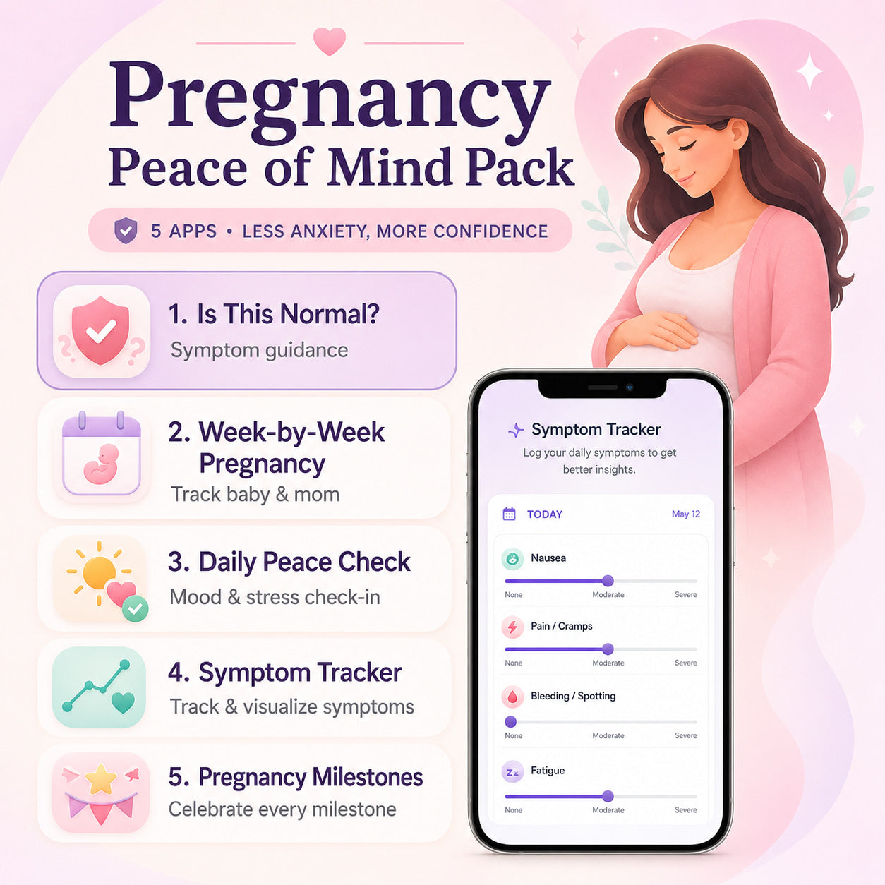 Pregnancy Peace of Mind Pack - 5 essential pregnancy apps to help you understand your symptoms, reduce anxiety and feel confident through every week of your first pregnancy.